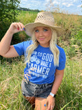young women wearing blue so god made a farmer t-shirt