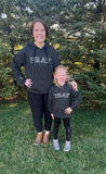 mommy and toddler black leopard sweatshirt with pray printed on it