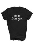 black tee with Jesus loves you design
