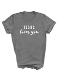 grey tee shirt with Jesus loves you design